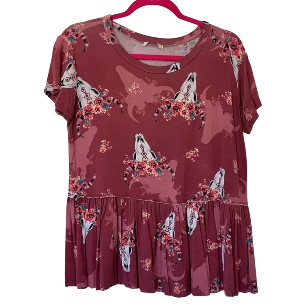 Boho Cow Skull Print Baby Doll Top